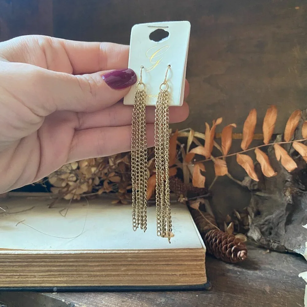 Brand New Chain Fringe Long Gold Tone Earrings
